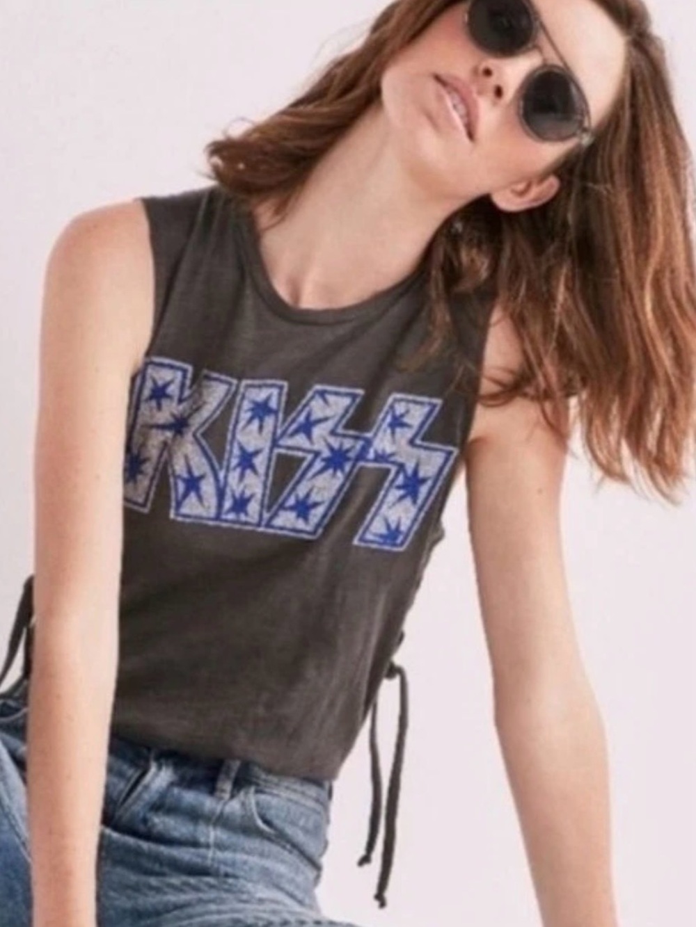 Kiss Lucky Brand Sleeveless Side Tie Muscle Tee Grey Blue Glitter Women’s L